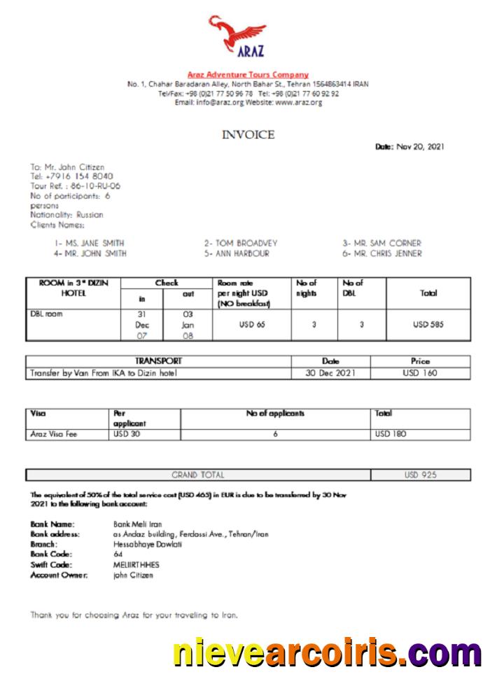 Iran Araz Tours Company invoice